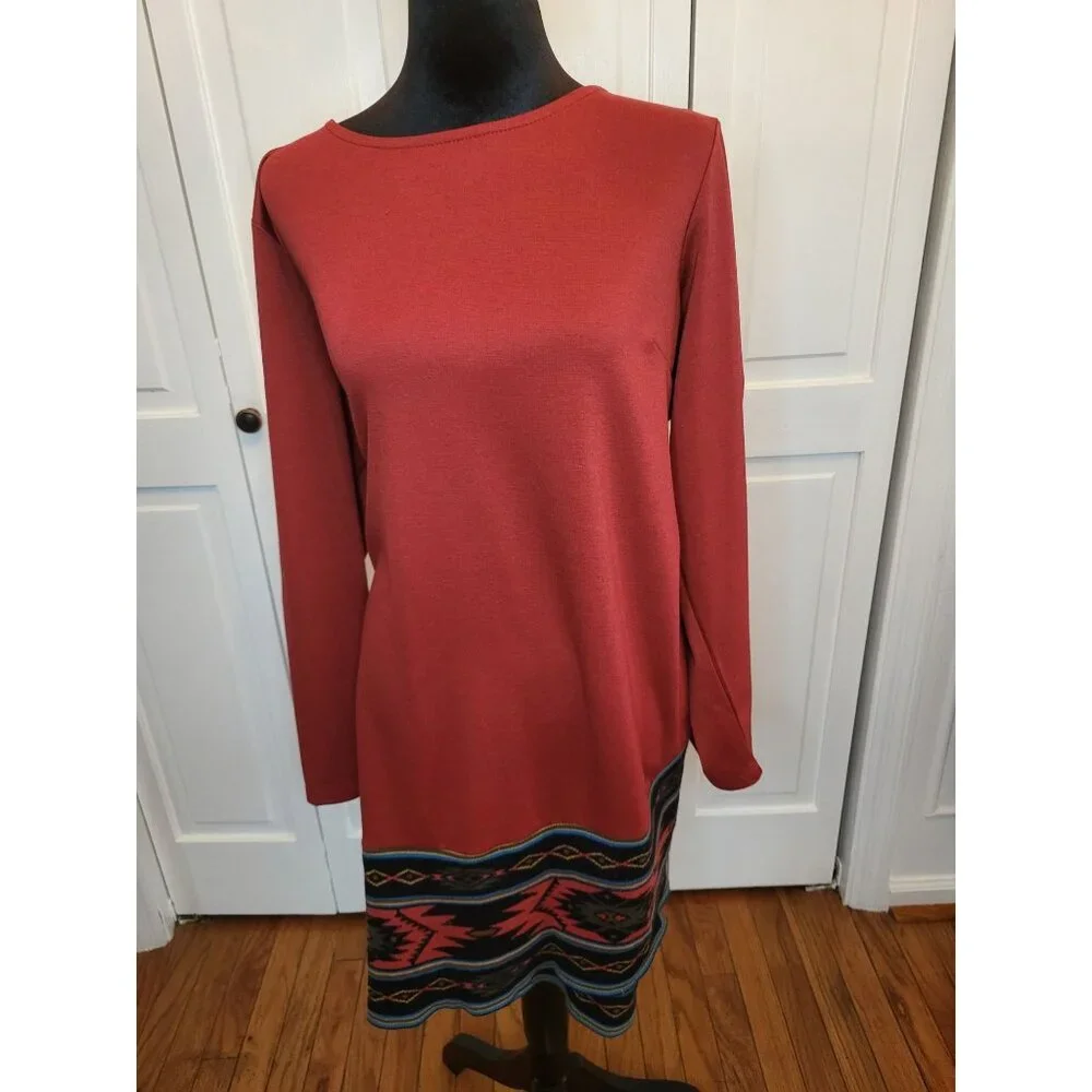Spense Copper Knit Dress Aztec Sweater Trim 16W Boho Western Hippie Equestrian - Picture 1 of 10